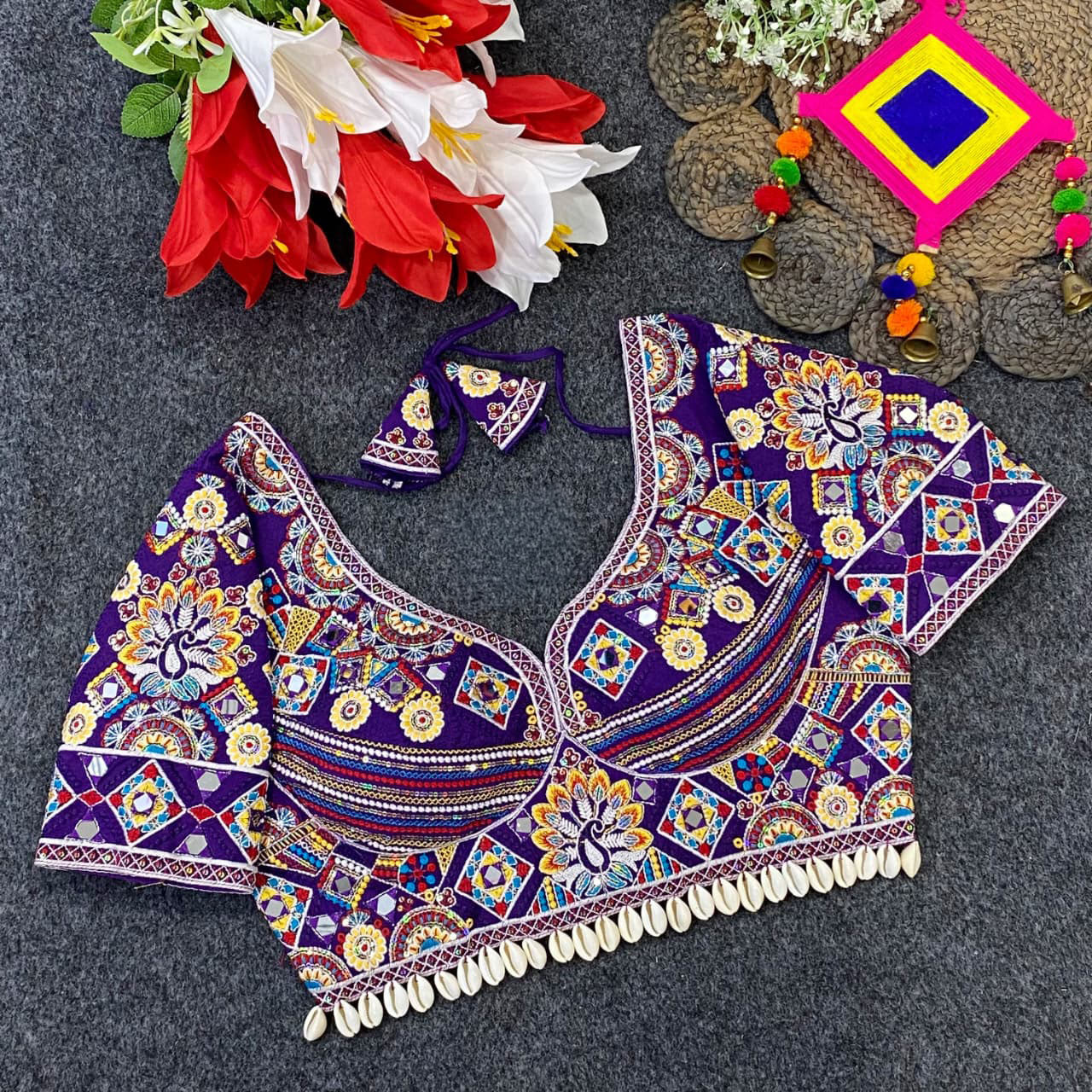 Exquisite Heavy Embroidered Traditional Designer Blouse with Mirror Work and Shell Detailing