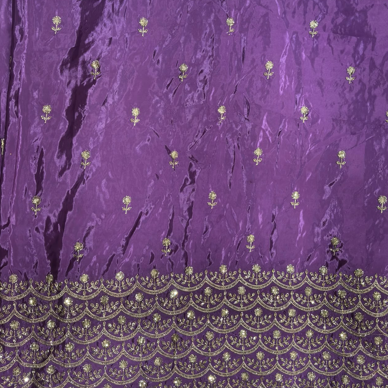 Premium Embroidered Fabric with Floral Sequin Work & Heavy Scalloped Border