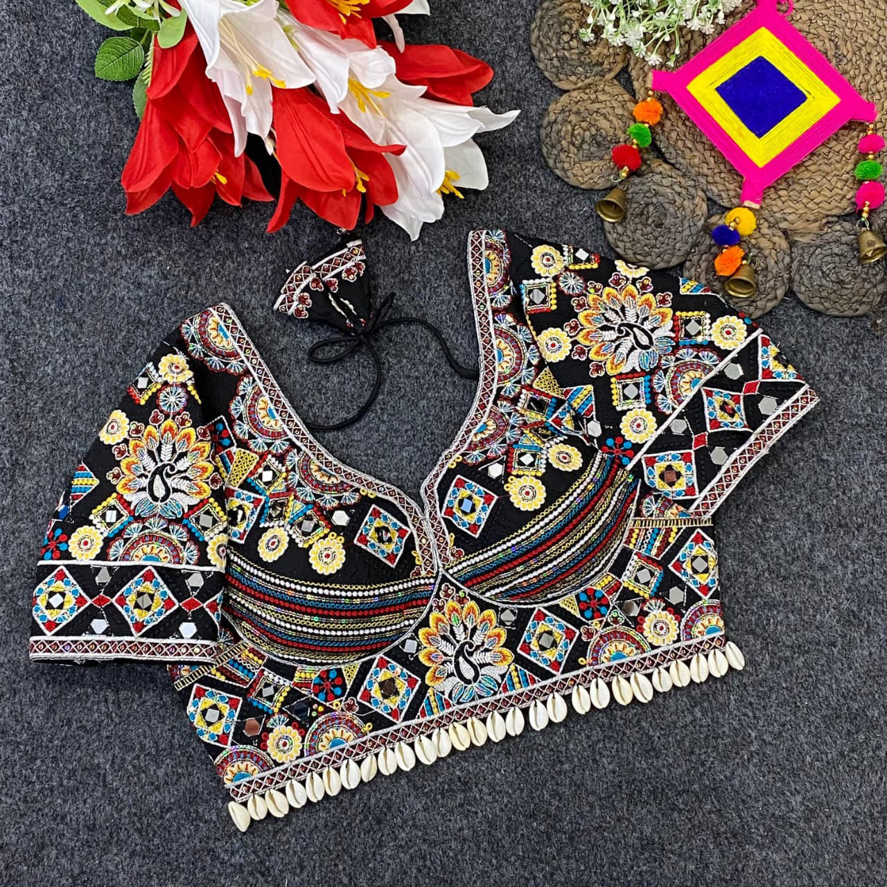 Exquisite Heavy Embroidered Traditional Designer Blouse with Mirror Work and Shell Detailing