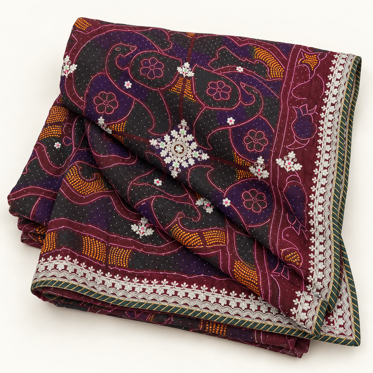 Wine Maroon Floral Chunri with White Embroidered Border