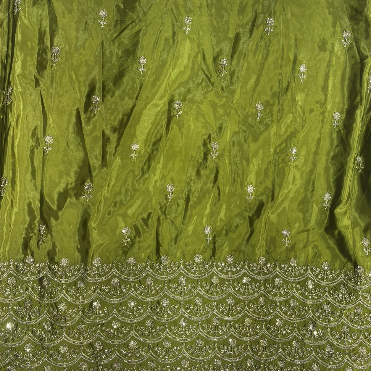 Premium Embroidered Fabric with Floral Sequin Work & Heavy Scalloped Border