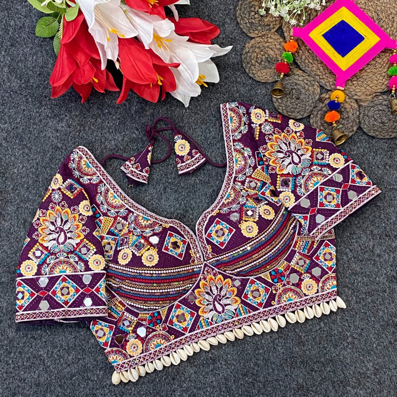 Exquisite Heavy Embroidered Traditional Designer Blouse with Mirror Work and Shell Detailing