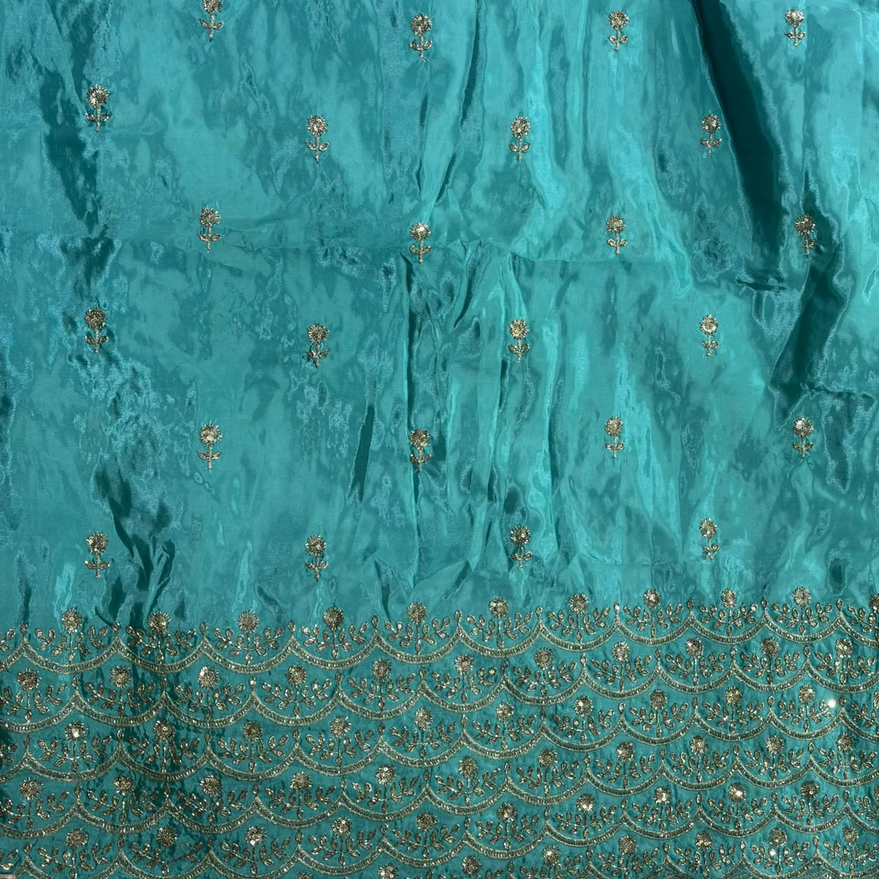 Premium Embroidered Fabric with Floral Sequin Work & Heavy Scalloped Border