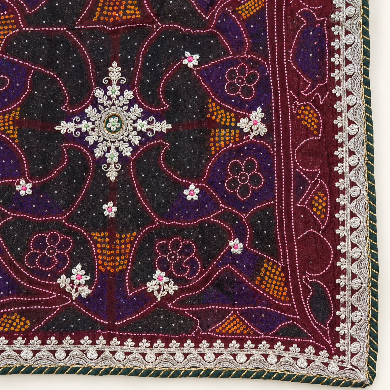 Wine Maroon Floral Chunri with White Embroidered Border