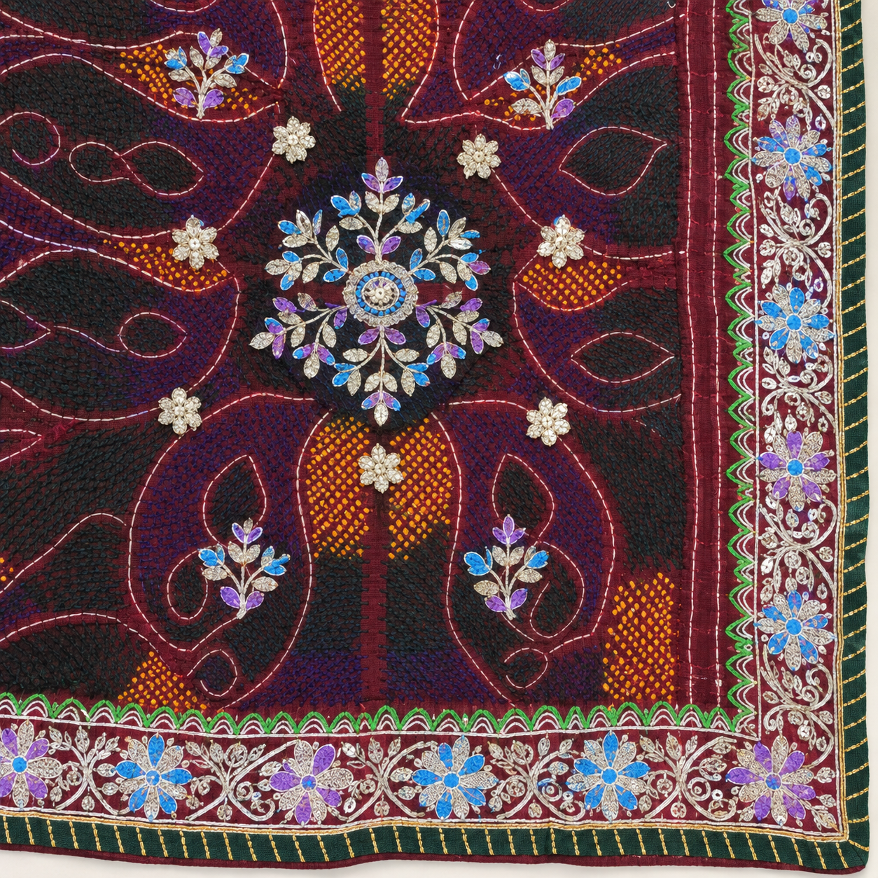 Wine Maroon Paisley Chunri with Lilac and Blue Floral Border