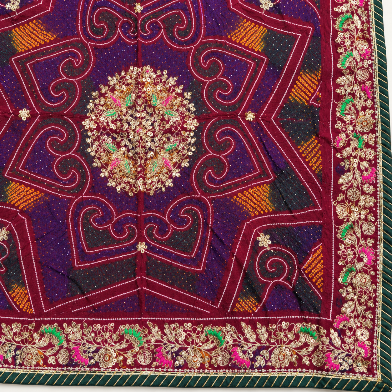 Wine Maroon Geometric Chunri with Gold Floral Border