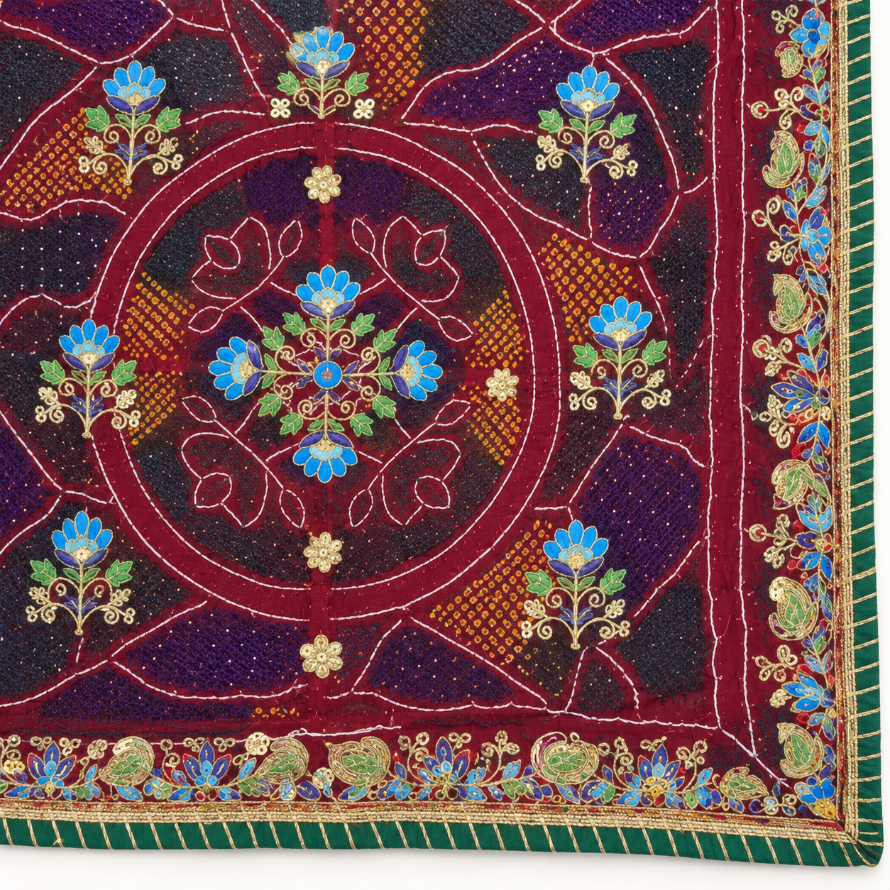 Wine Maroon Chunri with Blue Floral Motifs and Multicolour Border