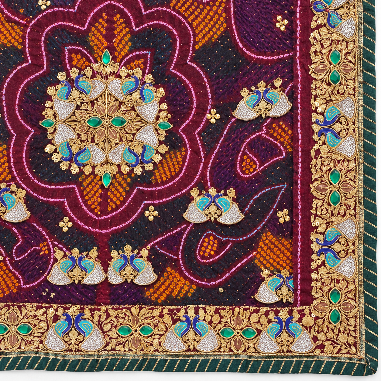 Wine Maroon Peacock Motif Chunri with Gold Floral Border