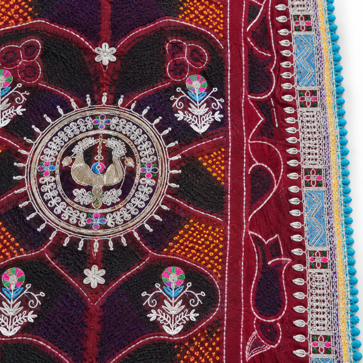 Wine Maroon Floral Chunri with Blue and White Embroidered Border
