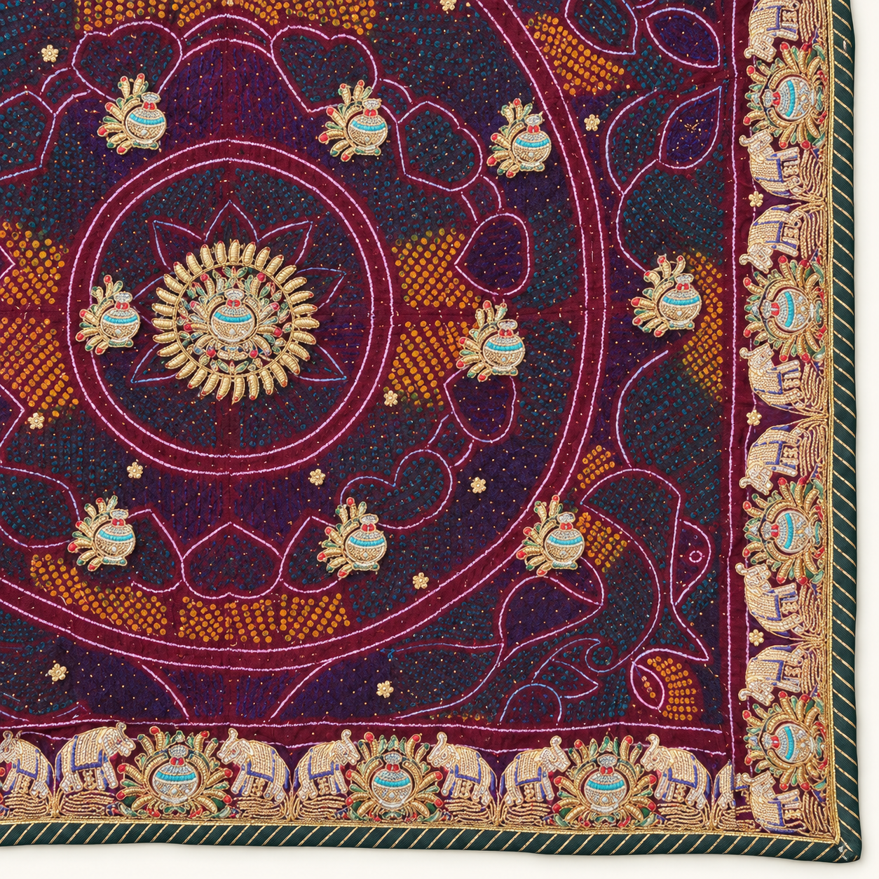 Wine Maroon Mandala Chunri with Ornate Gold Border