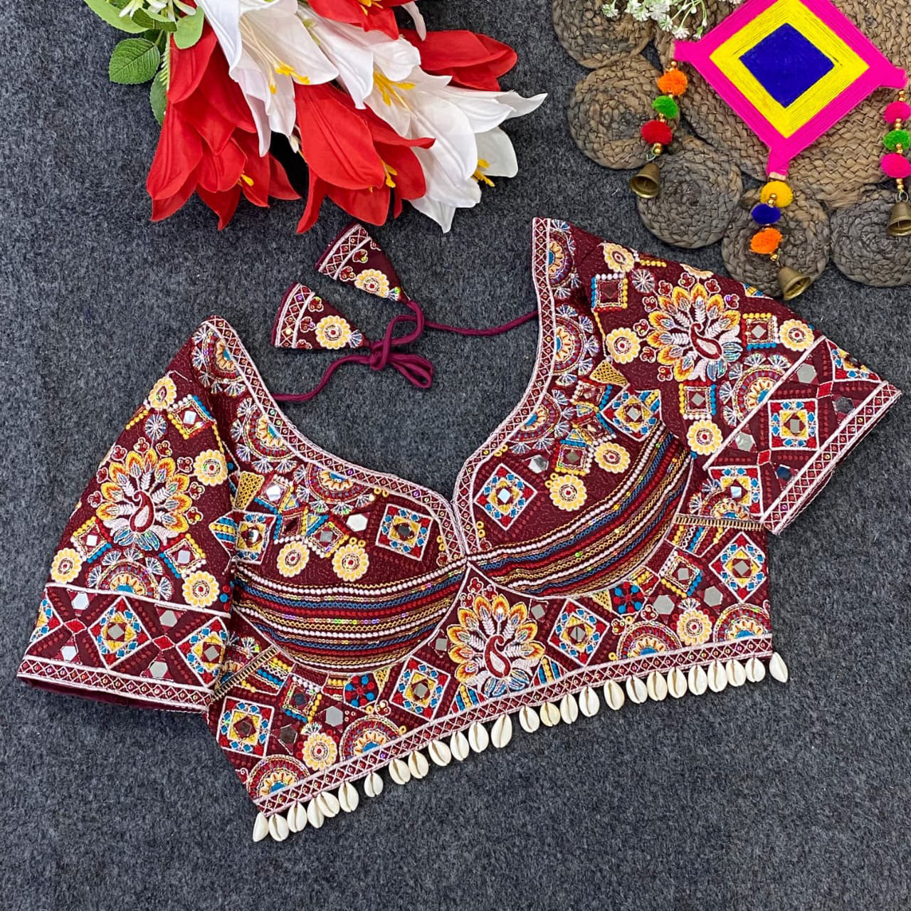 Exquisite Heavy Embroidered Traditional Designer Blouse with Mirror Work and Shell Detailing