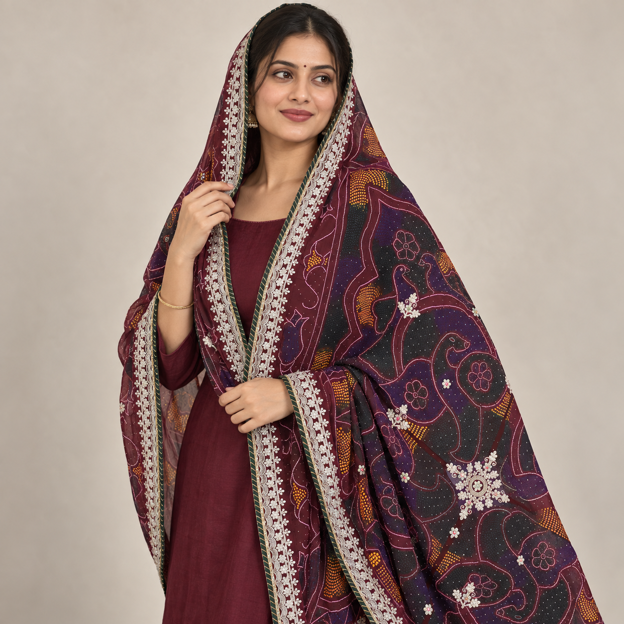 Wine Maroon Floral Chunri with White Embroidered Border