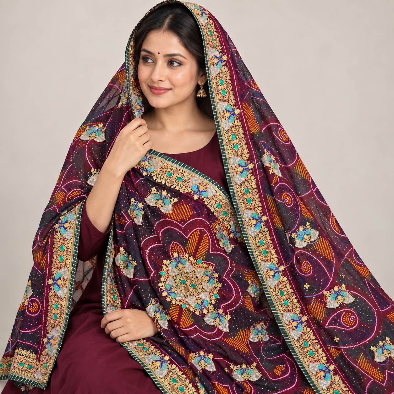 Wine Maroon Peacock Motif Chunri with Gold Floral Border