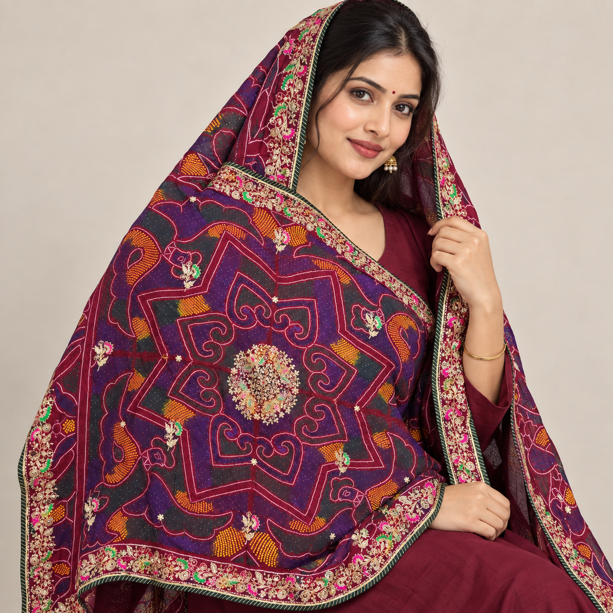 Wine Maroon Geometric Chunri with Gold Floral Border