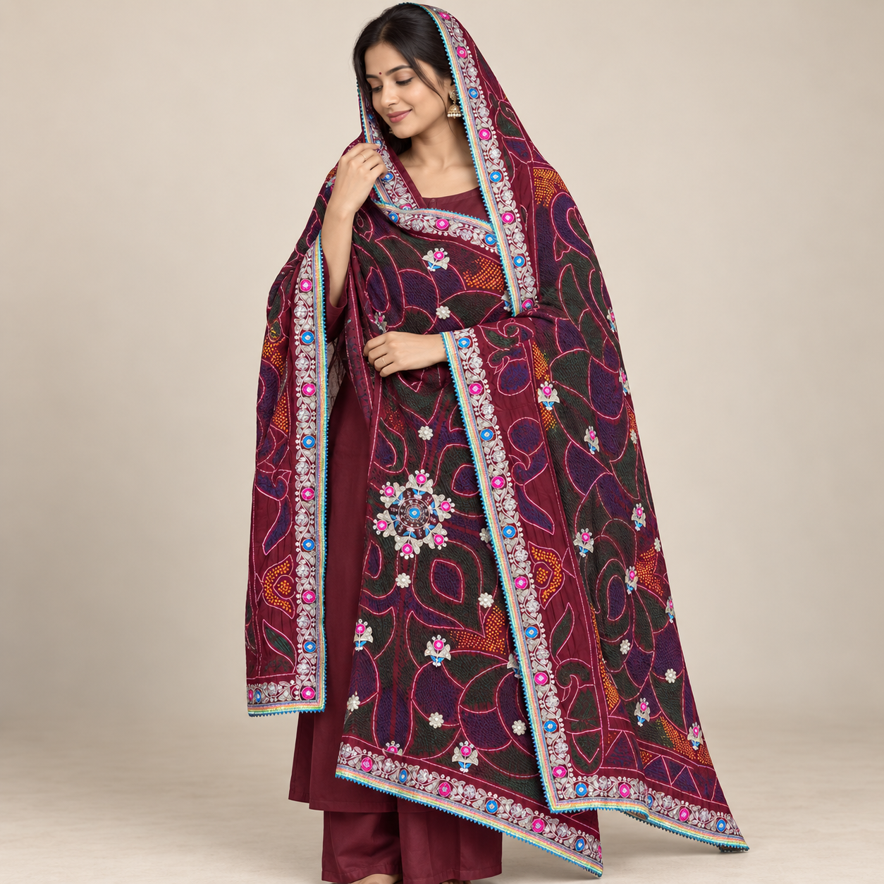 Wine Maroon Floral Chunri with Decorative Border