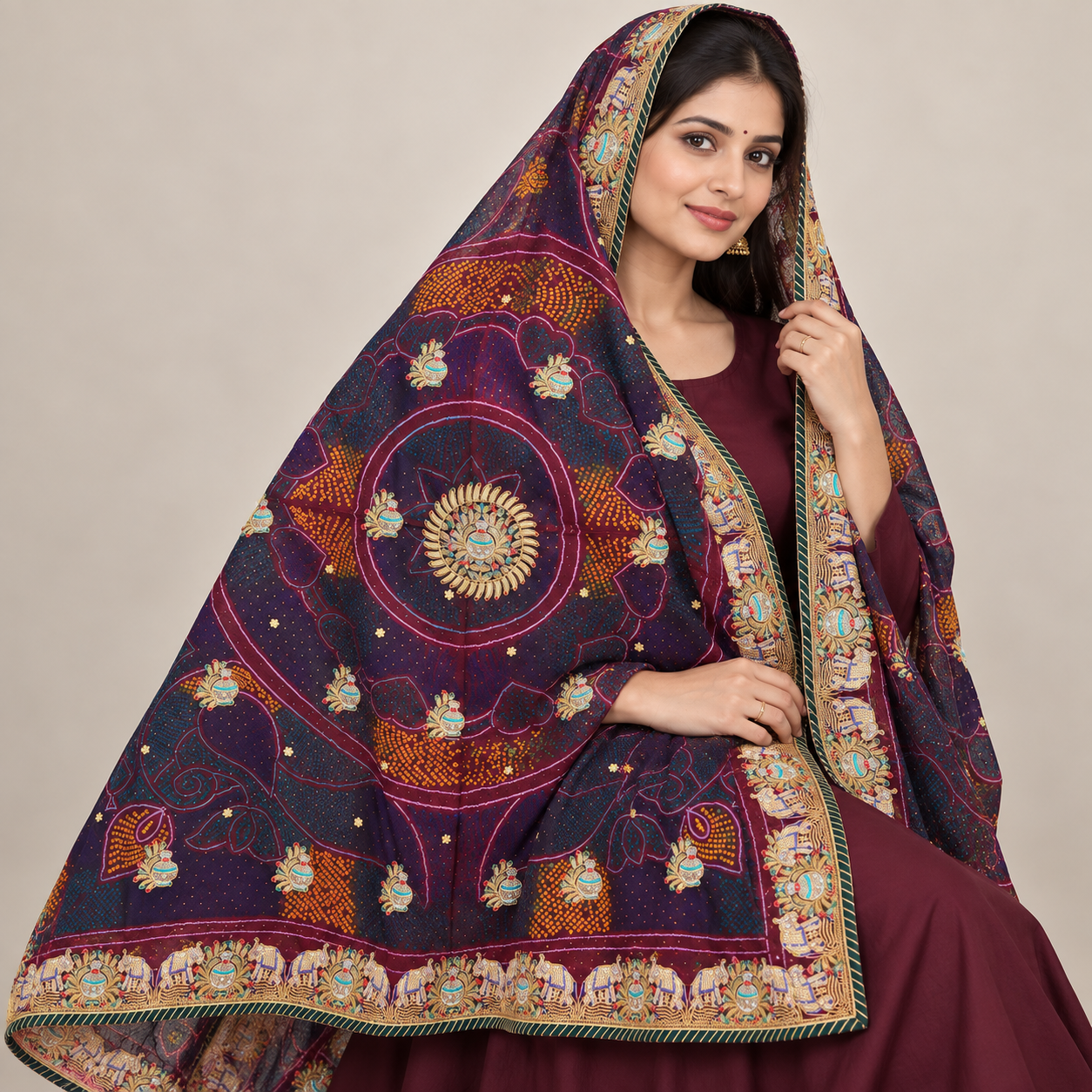 Wine Maroon Mandala Chunri with Ornate Gold Border