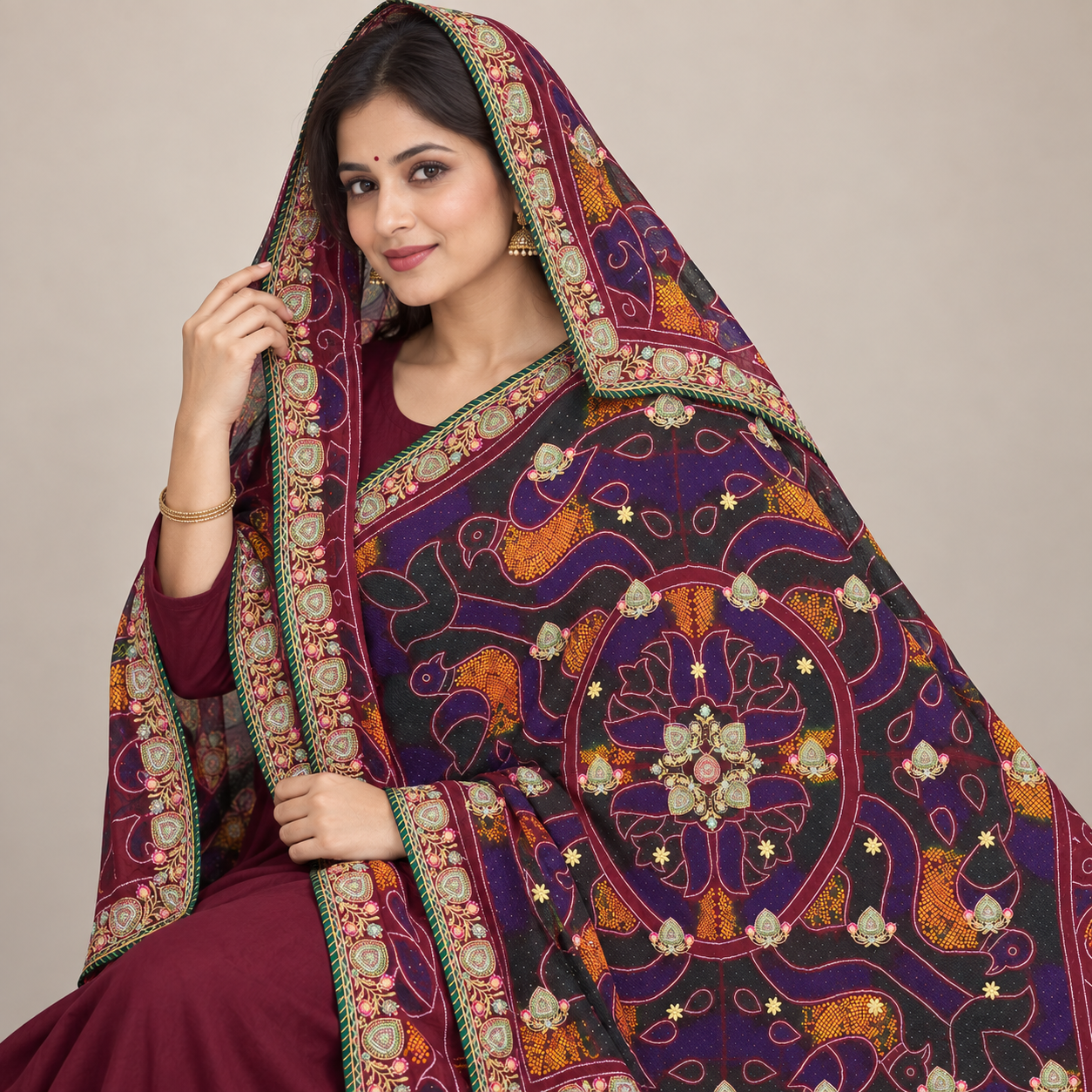 Wine Maroon Paisley Chunri with Central Floral Medallion