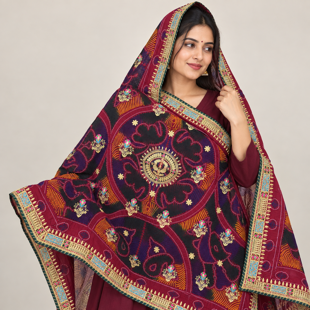 Wine Maroon Paisley Chunri with Gold and Blue Border