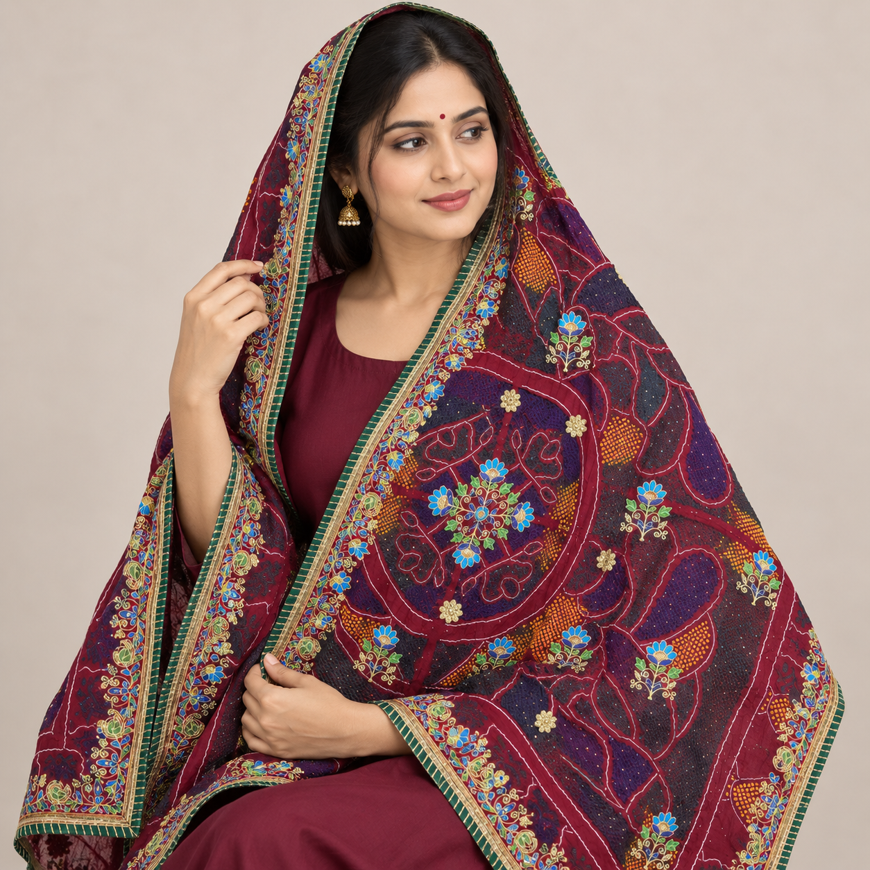 Wine Maroon Chunri with Blue Floral Motifs and Multicolour Border