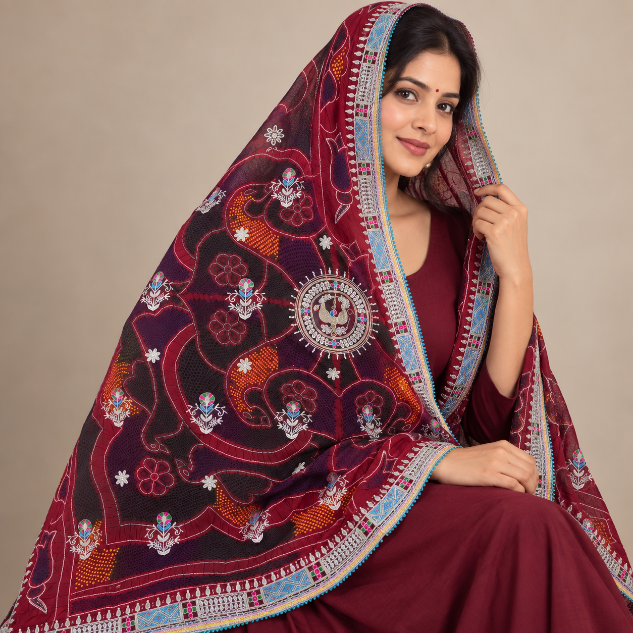 Wine Maroon Floral Chunri with Blue and White Embroidered Border