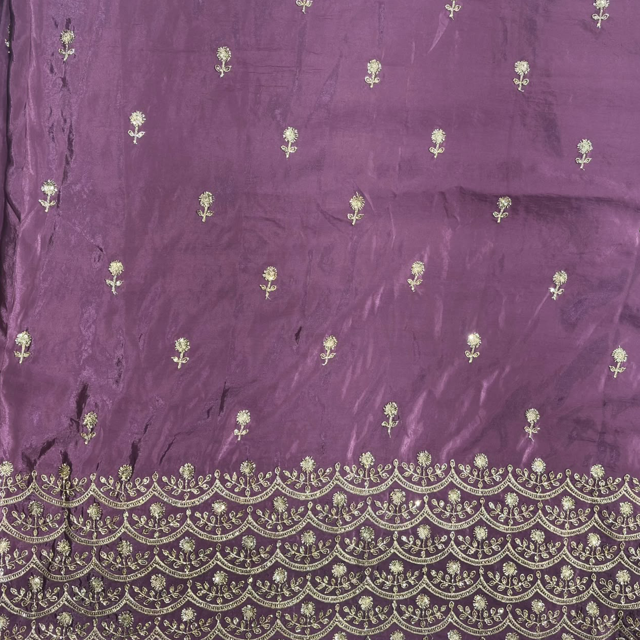 Premium Embroidered Fabric with Floral Sequin Work & Heavy Scalloped Border