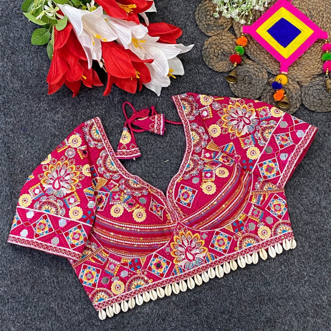 Exquisite Heavy Embroidered Traditional Designer Blouse with Mirror Work and Shell Detailing