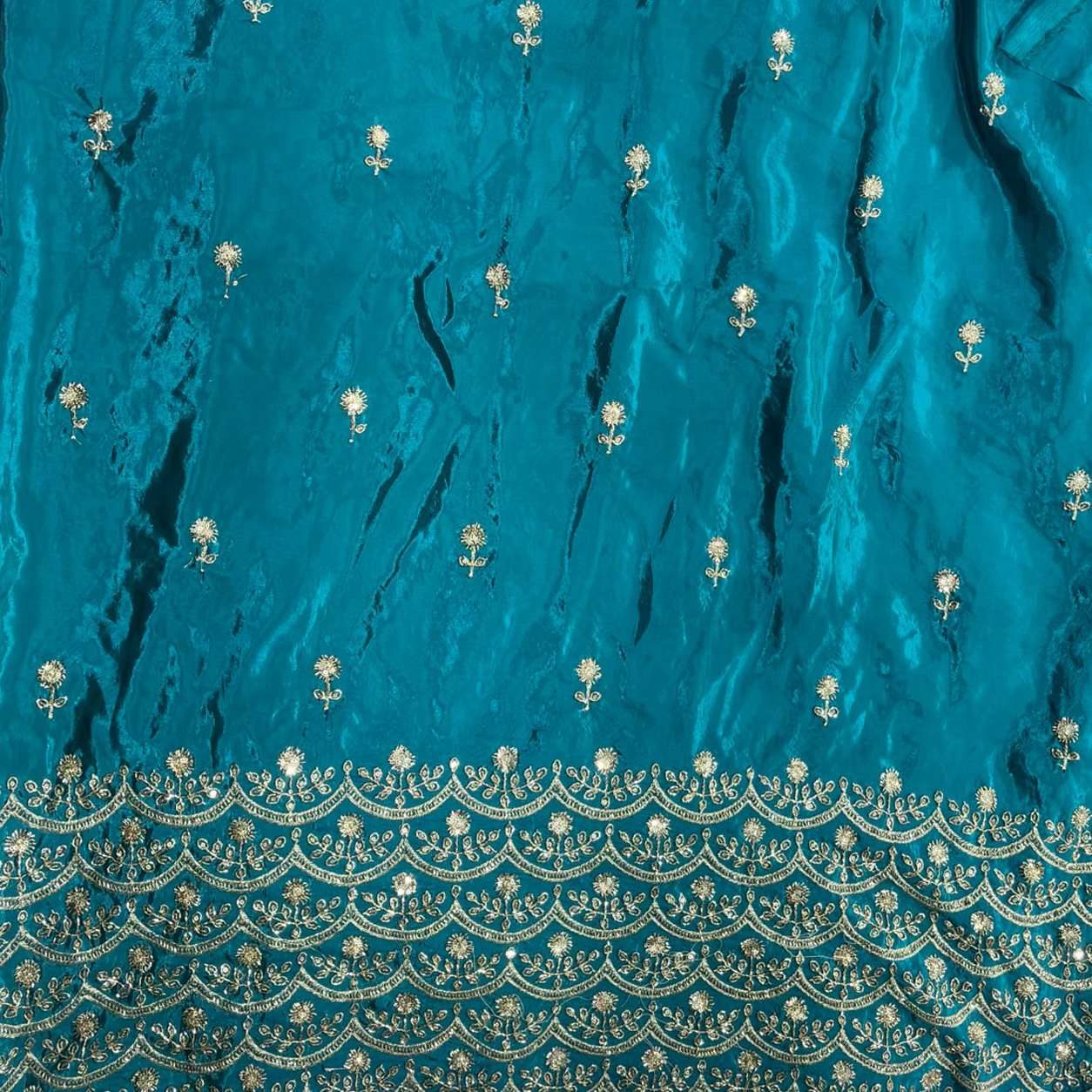 Premium Embroidered Fabric with Floral Sequin Work & Heavy Scalloped Border