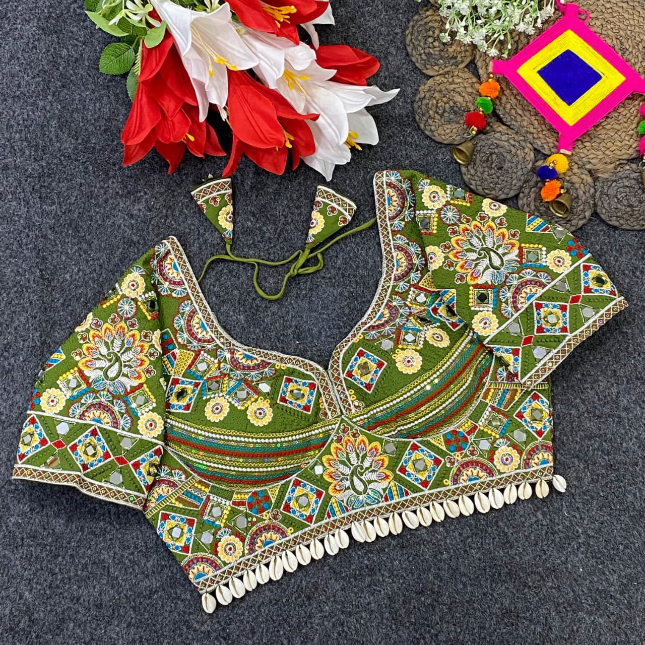 Exquisite Heavy Embroidered Traditional Designer Blouse with Mirror Work and Shell Detailing