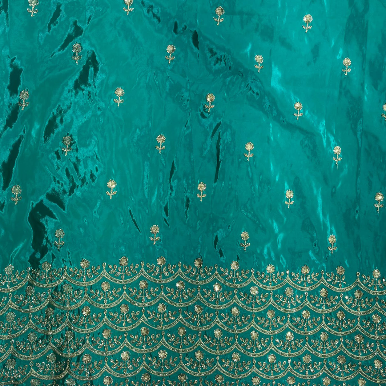 Premium Embroidered Fabric with Floral Sequin Work & Heavy Scalloped Border