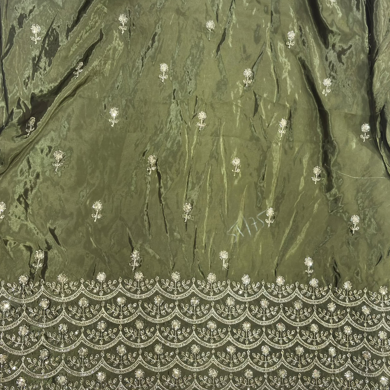 Premium Embroidered Fabric with Floral Sequin Work & Heavy Scalloped Border