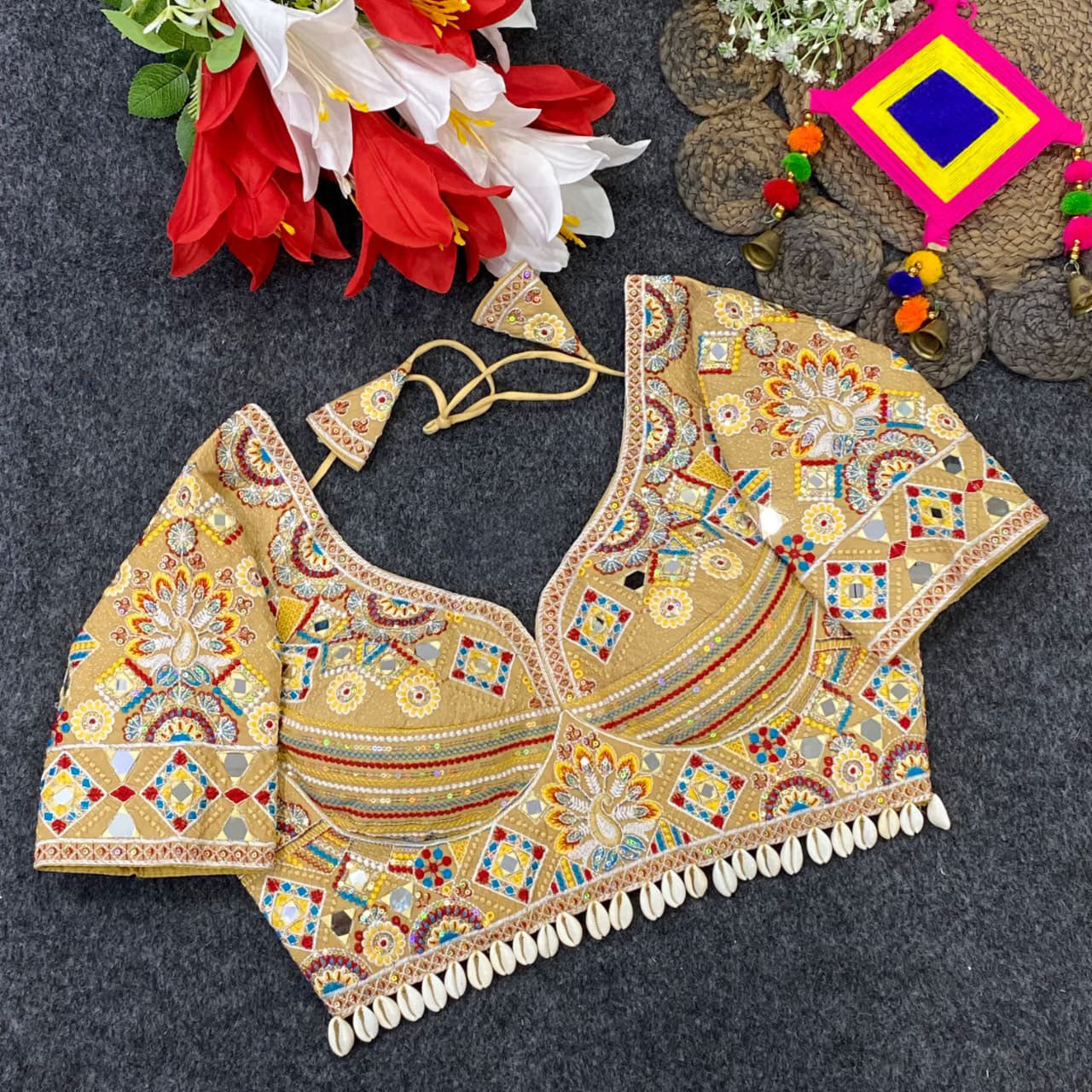 Exquisite Heavy Embroidered Traditional Designer Blouse with Mirror Work and Shell Detailing