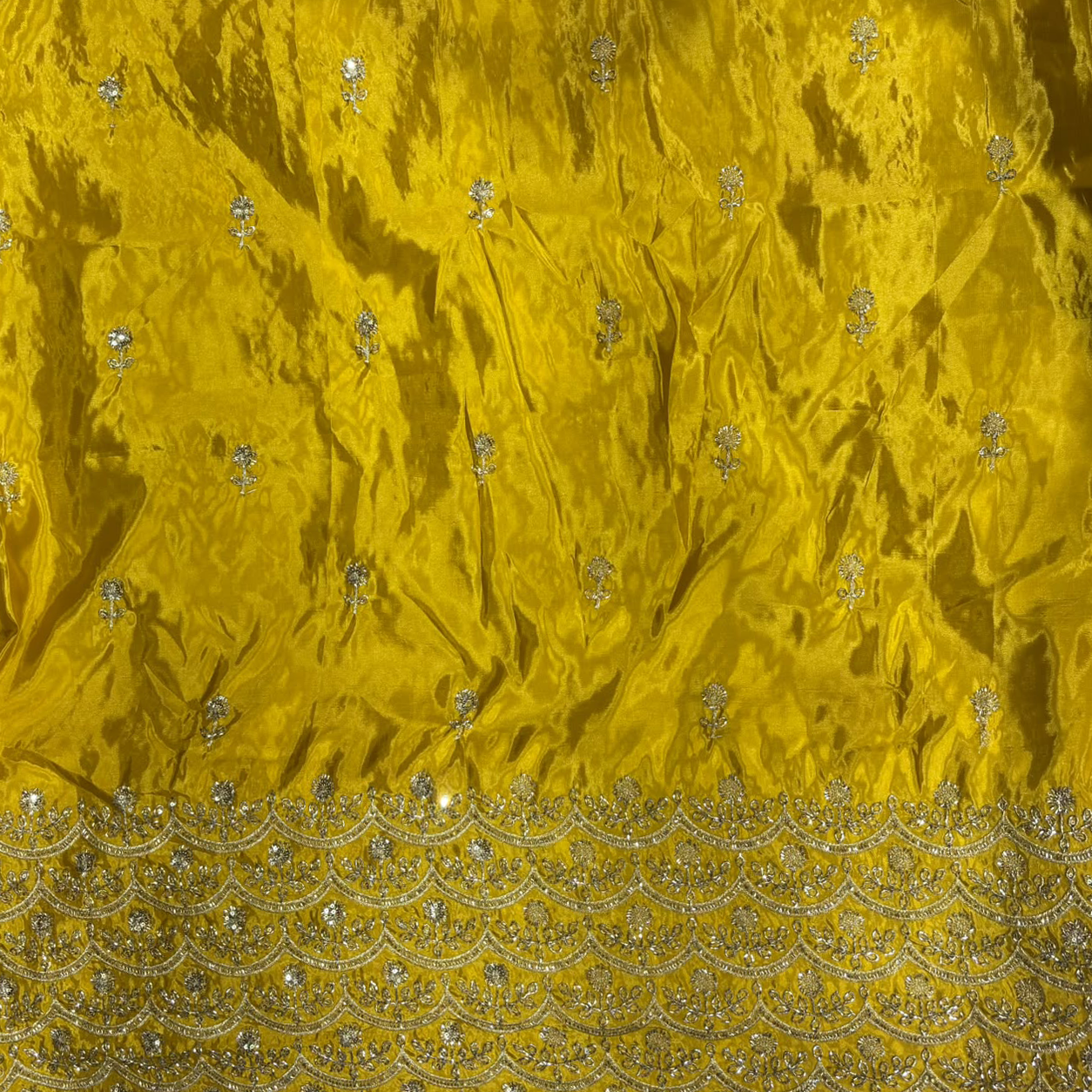 Premium Embroidered Fabric with Floral Sequin Work & Heavy Scalloped Border