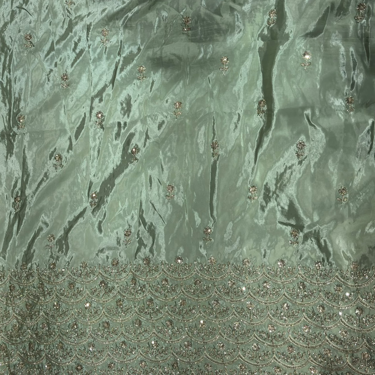 Premium Embroidered Fabric with Floral Sequin Work & Heavy Scalloped Border