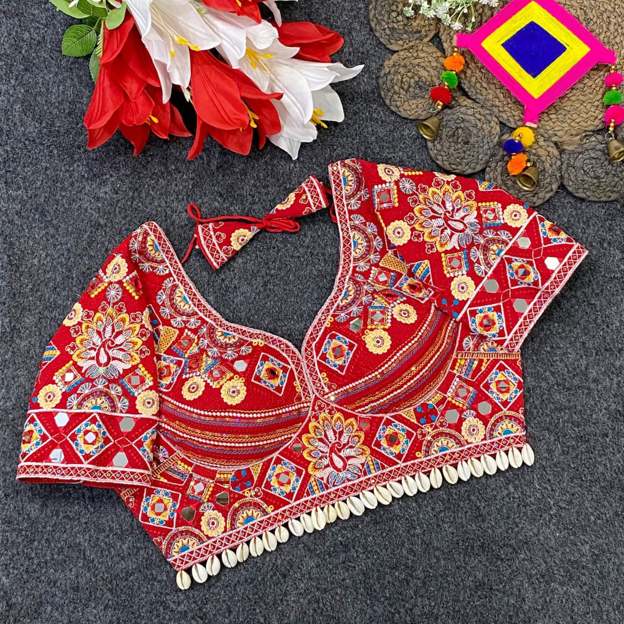 Exquisite Heavy Embroidered Traditional Designer Blouse with Mirror Work and Shell Detailing