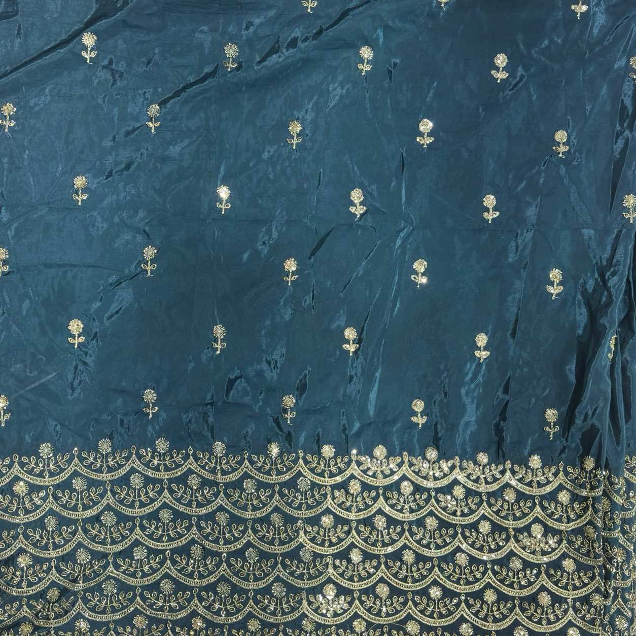 Premium Embroidered Fabric with Floral Sequin Work & Heavy Scalloped Border