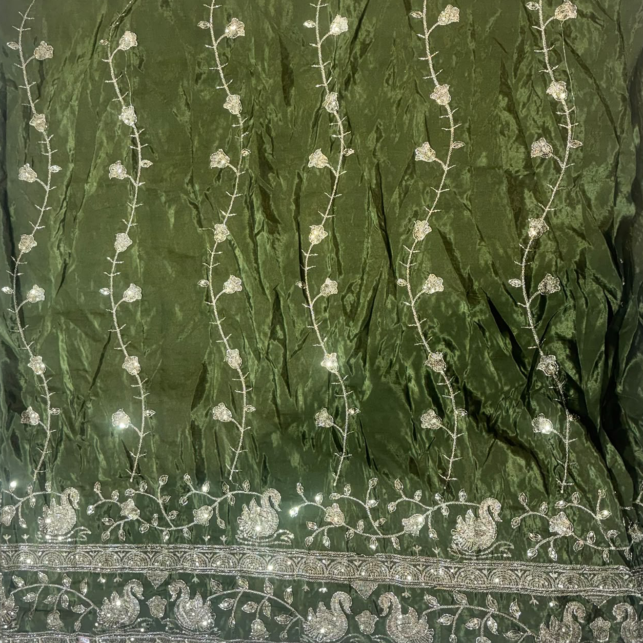 Premium Swan Motif Embroidered Fabric with Floral Vine & Sequin Border