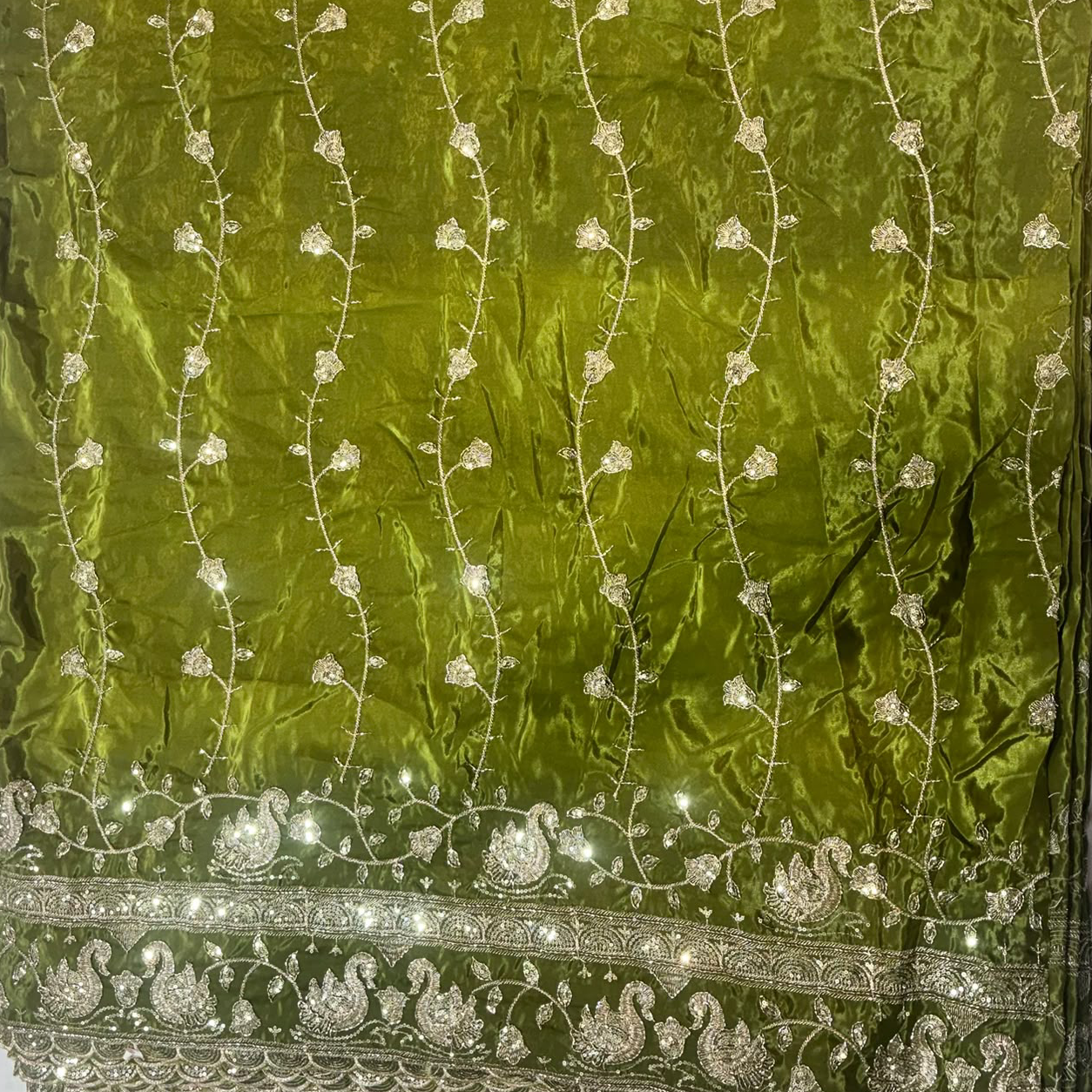 Premium Swan Motif Embroidered Fabric with Floral Vine & Sequin Border