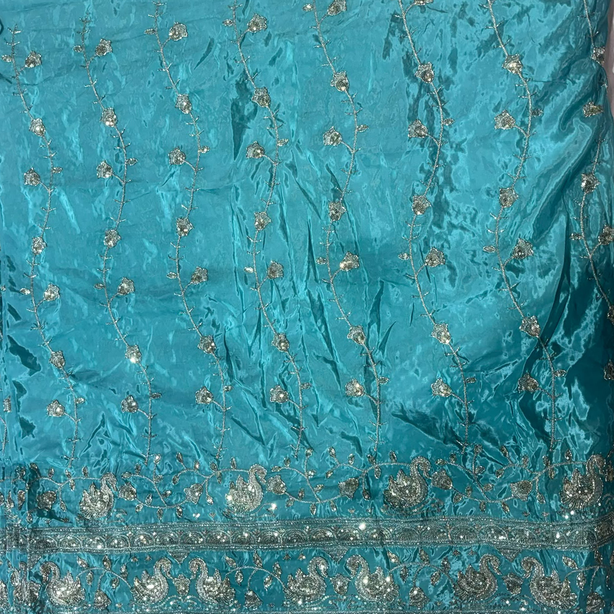 Premium Swan Motif Embroidered Fabric with Floral Vine & Sequin Border
