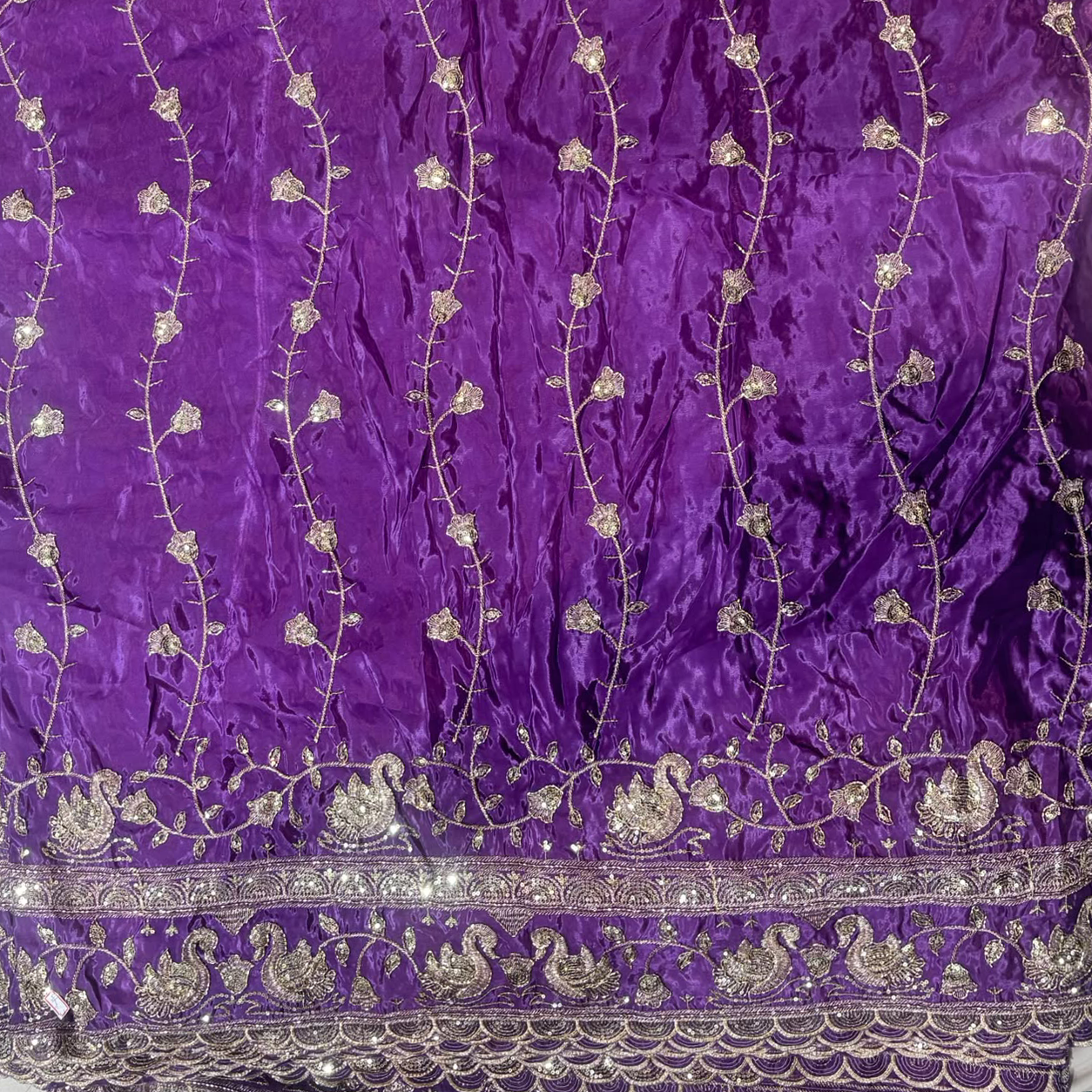 Premium Swan Motif Embroidered Fabric with Floral Vine & Sequin Border