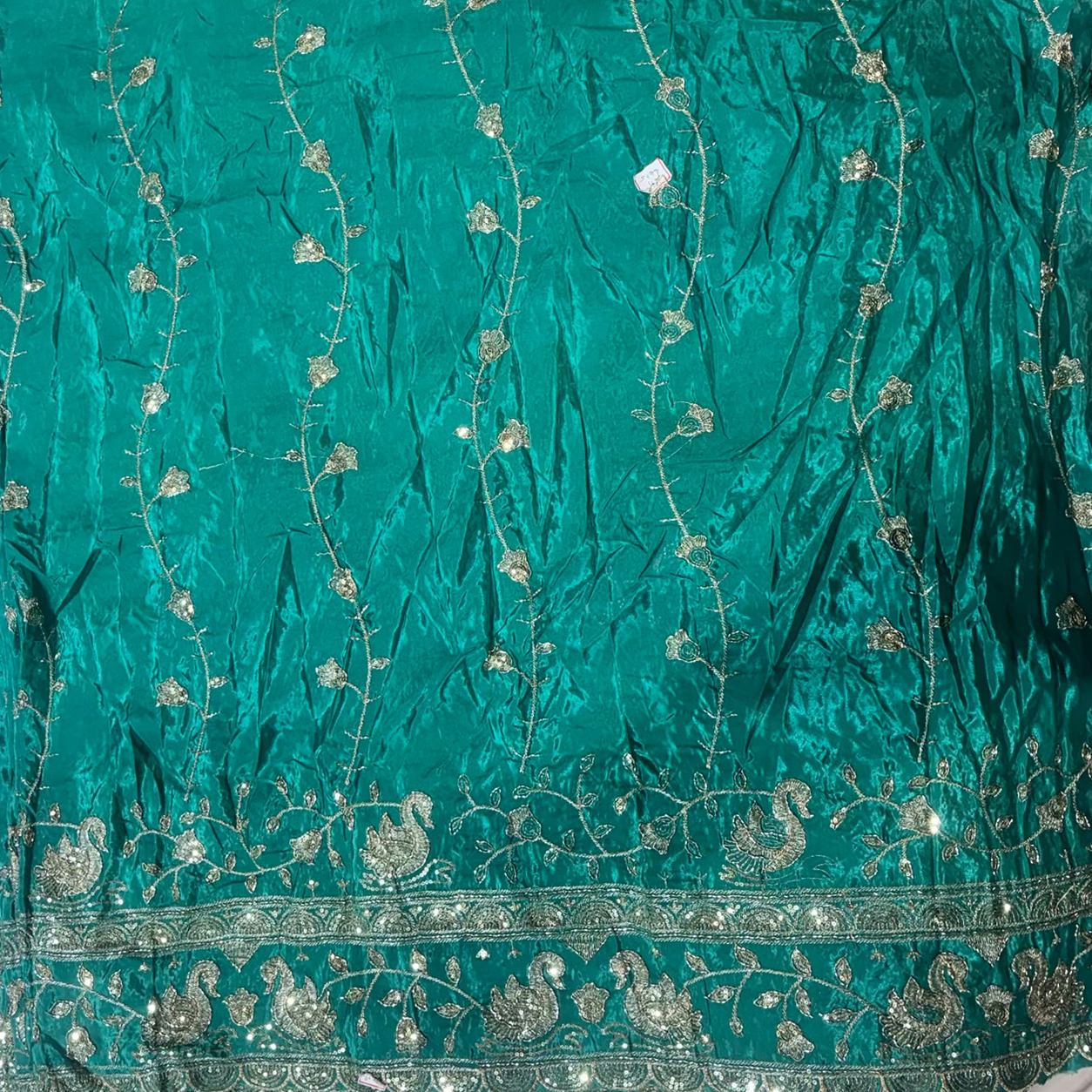 Premium Swan Motif Embroidered Fabric with Floral Vine & Sequin Border