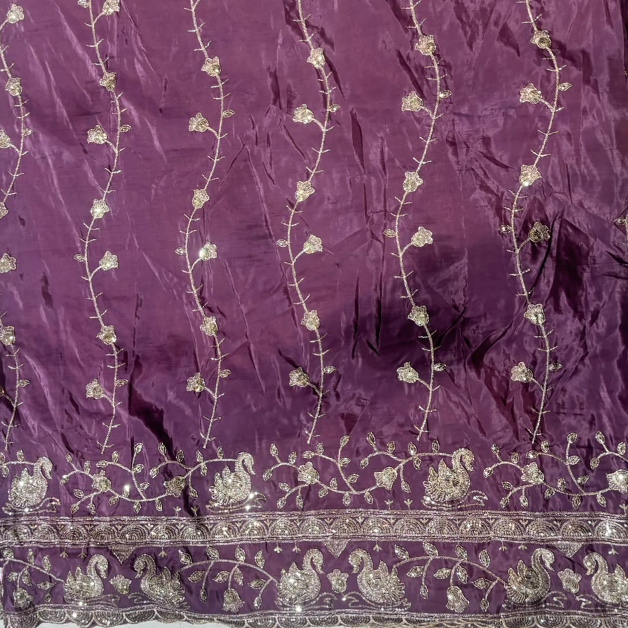 Premium Swan Motif Embroidered Fabric with Floral Vine & Sequin Border