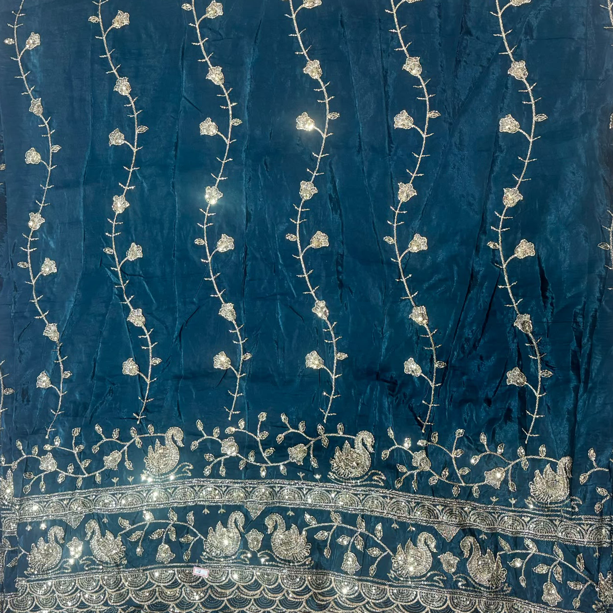 Premium Swan Motif Embroidered Fabric with Floral Vine & Sequin Border