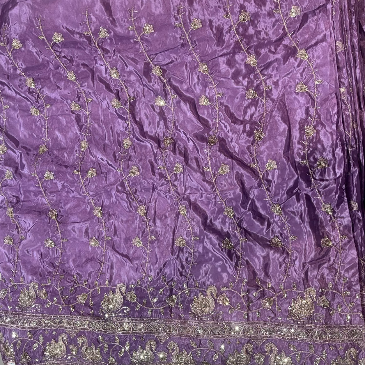 Premium Swan Motif Embroidered Fabric with Floral Vine & Sequin Border