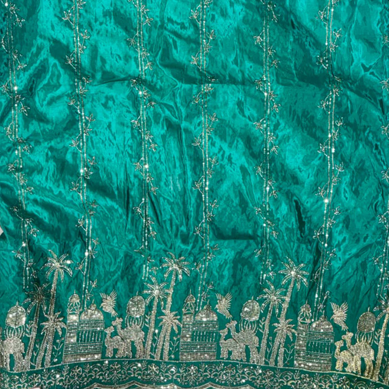 Premium Village & Palm Tree Border Embroidered Fabric with Floral Vine Sequin Work