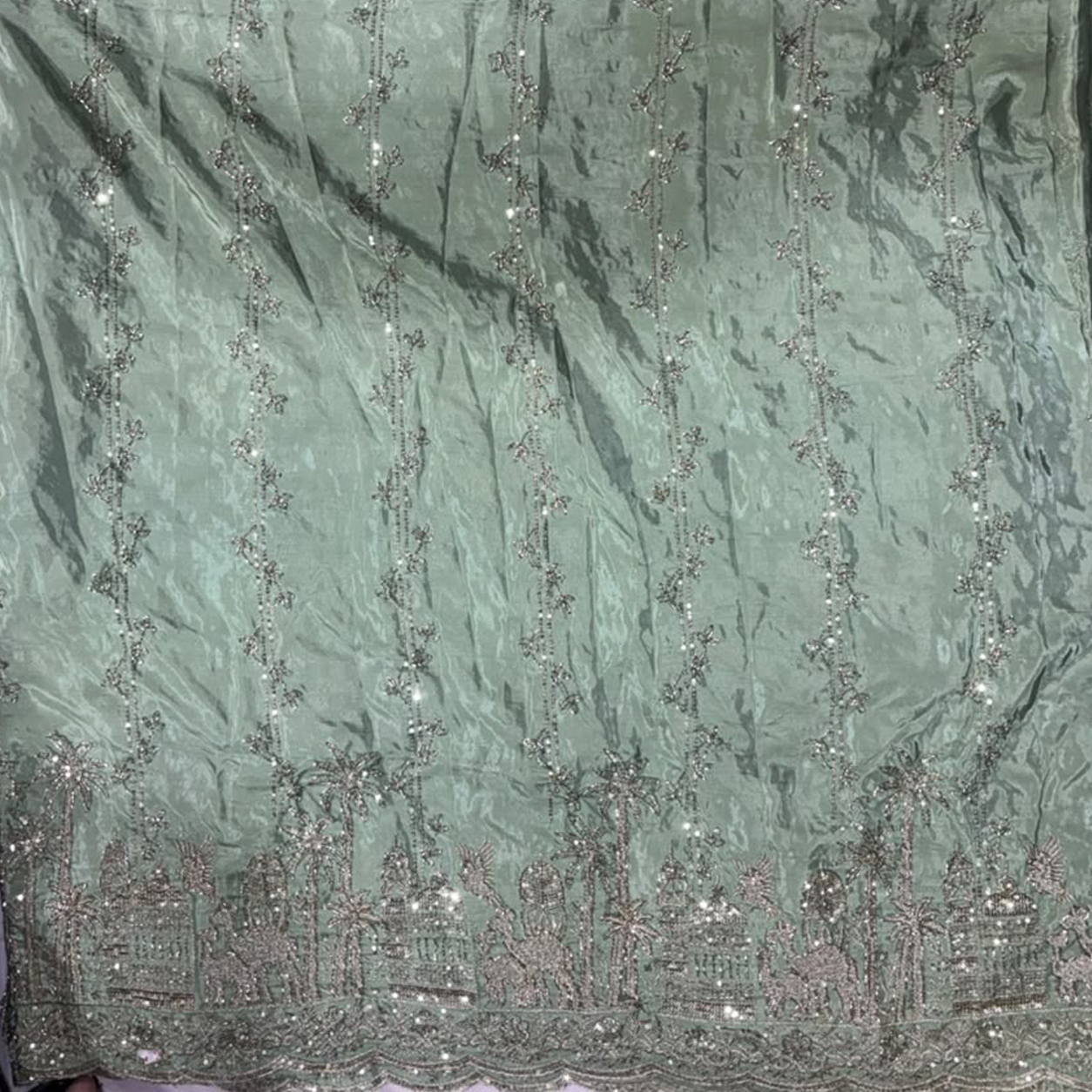 Premium Village & Palm Tree Border Embroidered Fabric with Floral Vine Sequin Work
