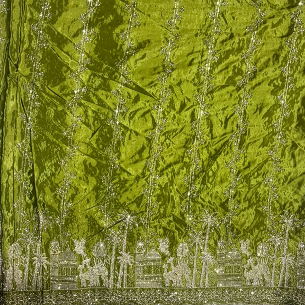 Premium Village & Palm Tree Border Embroidered Fabric with Floral Vine Sequin Work