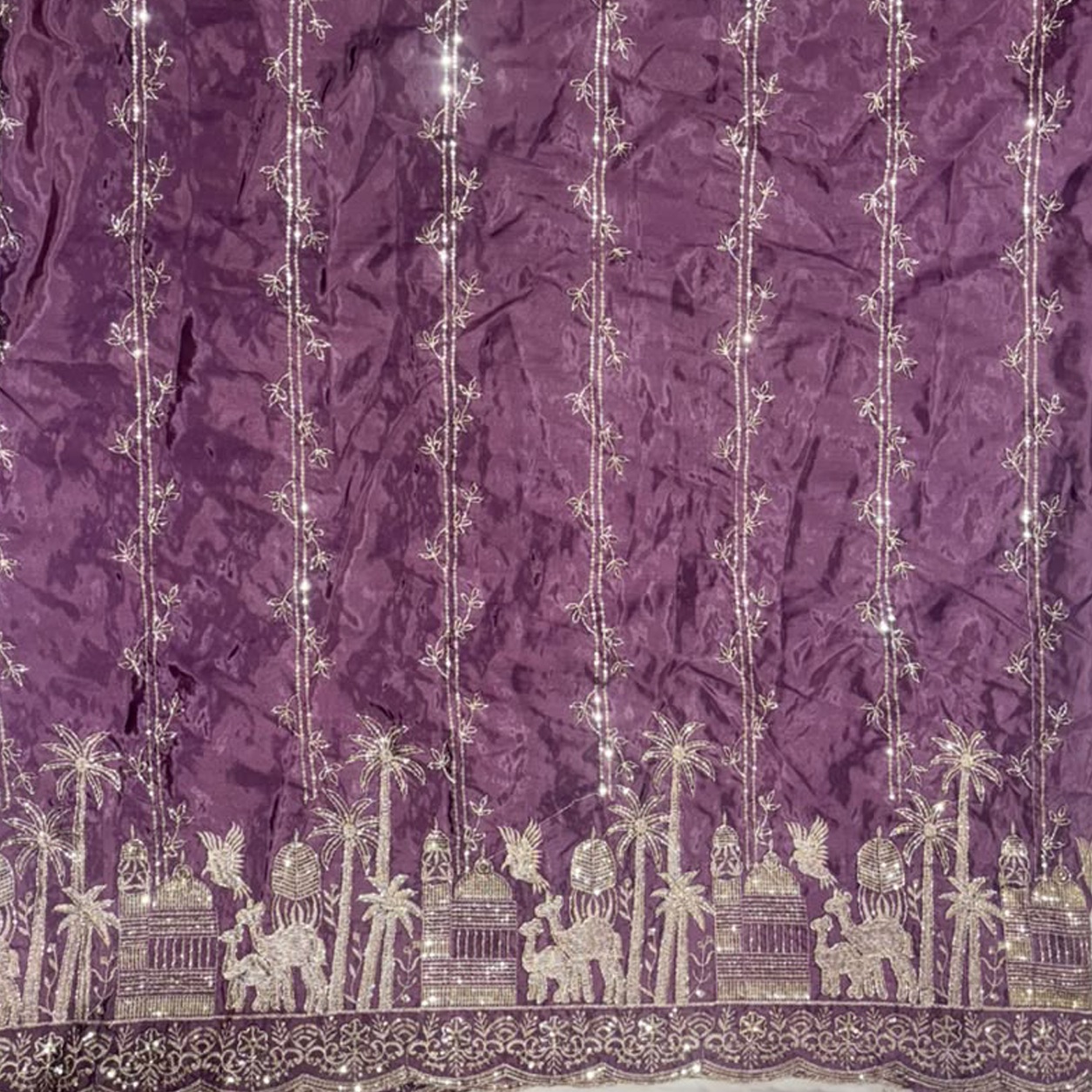 Premium Village & Palm Tree Border Embroidered Fabric with Floral Vine Sequin Work