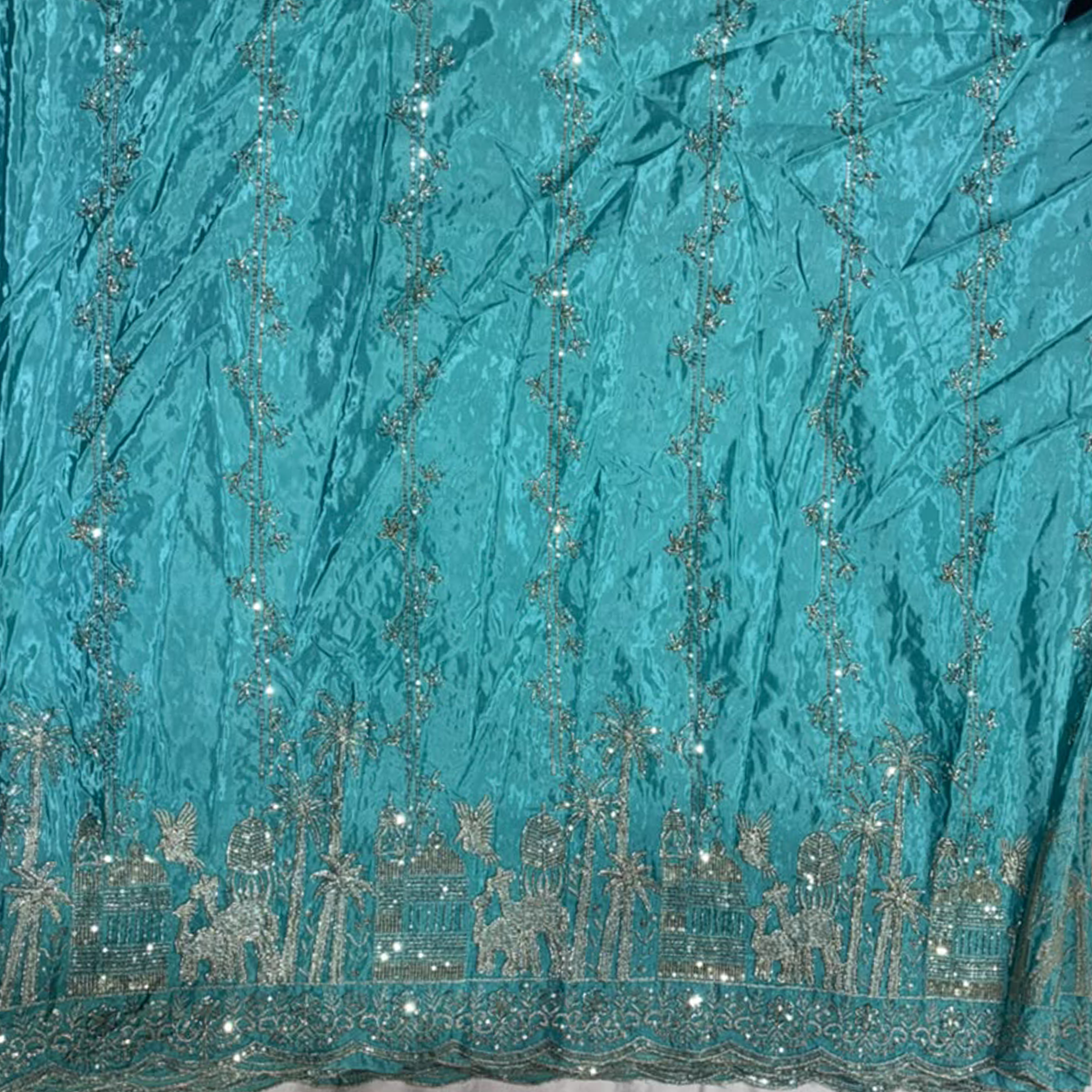 Premium Village & Palm Tree Border Embroidered Fabric with Floral Vine Sequin Work