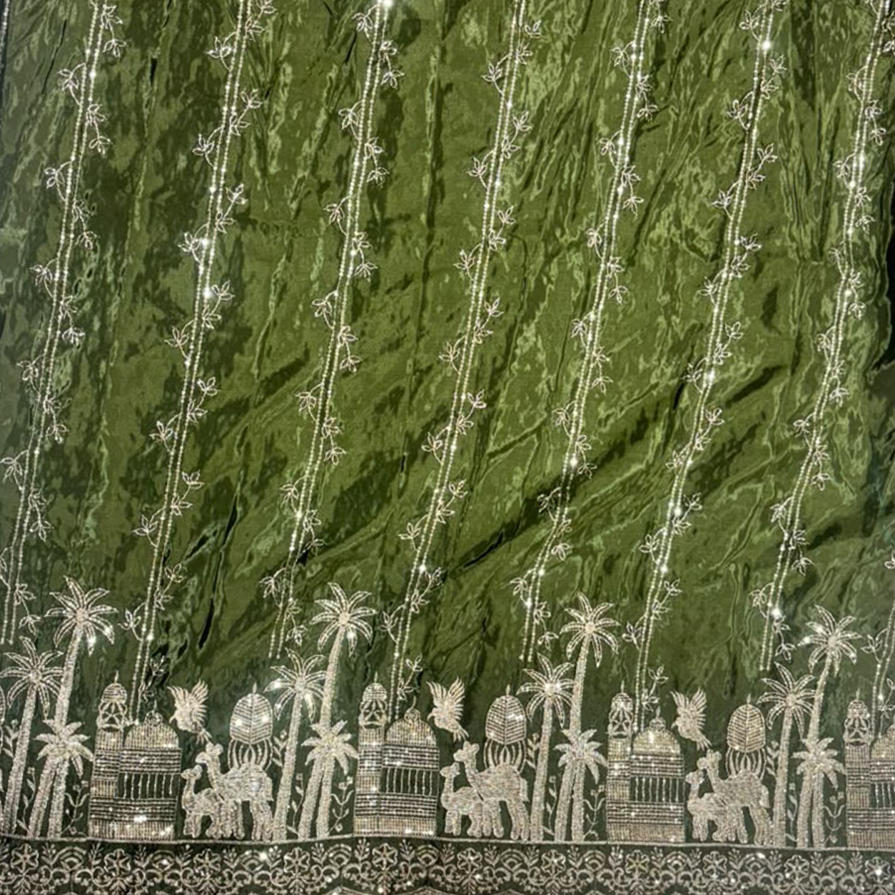 Premium Village & Palm Tree Border Embroidered Fabric with Floral Vine Sequin Work