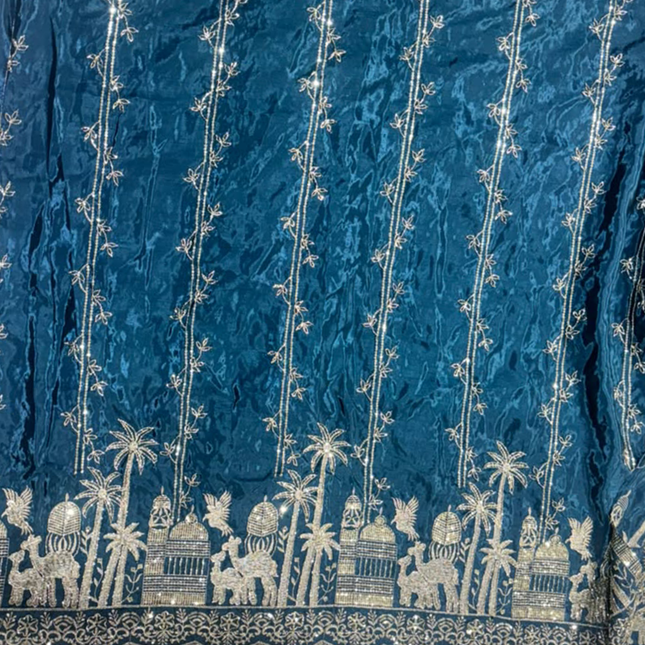 Premium Village & Palm Tree Border Embroidered Fabric with Floral Vine Sequin Work